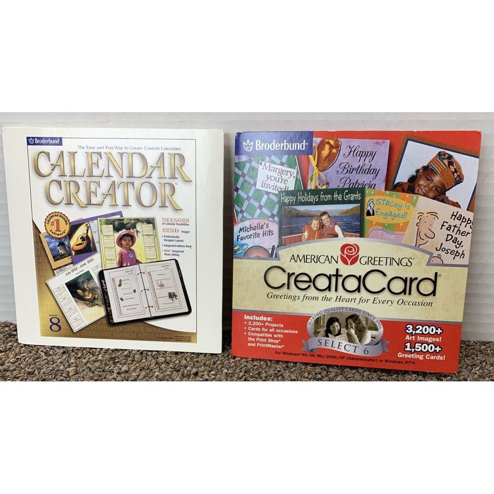 VTG Broderbund Calendar Creator 8 & american Greetings CreateaCard For Windows